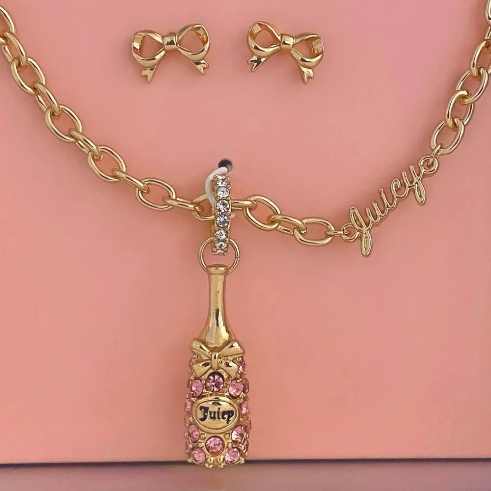 Juicy Couture Rhinestone Pink Champagne Bottle Necklace & Bow Earrings Gift Set